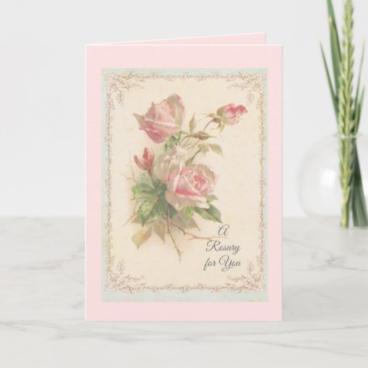 ピンクのバラとホーリーロザリオ祈りの言葉 カード (正面)