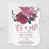 ピンクのバラとマルサラのマーズラ・ベイビーシャワー　女の子です 招待状 (正面)