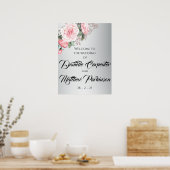 ピンクのバラとメタリックシルバー結婚の歓迎 ポスター (キッチン)