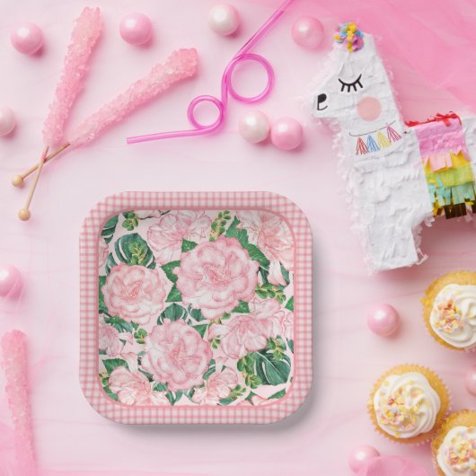 ピンクのバラとモンステラエレガント7夏のパーティー ペーパープレート (パーティー)