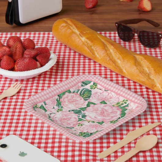 ピンクのバラとモンステラエレガント7夏のパーティー ペーパープレート (ピクニック)