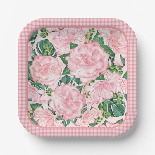 ピンクのバラとモンステラエレガント7夏のパーティー ペーパープレート (正面)