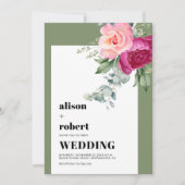 ピンクのバラとユーカリのセージ結婚グリーン 招待状 (正面)