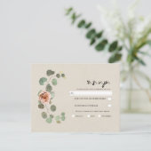 ピンクのバラとユーカリのハートのラスティックな結婚式の返信ハガキ 招待状 (スタンド正面)