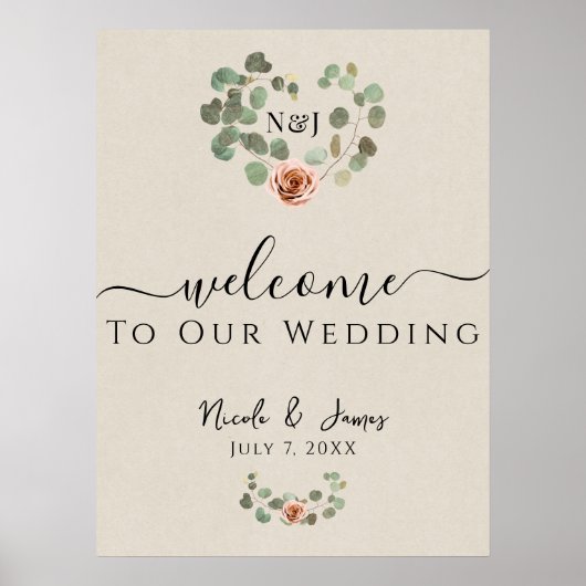ピンクのバラとユーカリのハートの田舎風の結婚式 ポスター (正面)