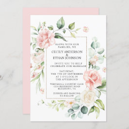 ピンクのバラとユーカリのフレームピンクのバック結婚ズ 招待状