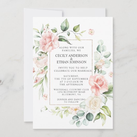 ピンクのバラとユーカリのフレームフローラ結婚ズ 招待状 (正面)