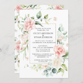 ピンクのバラとユーカリのフレームフローラ結婚ズ 招待状