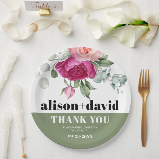 ピンクのバラとユーカリの枝の結婚フローラ ペーパープレート (ウェディング)