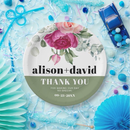 ピンクのバラとユーカリの枝の結婚フローラ ペーパープレート (パーティー)