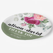 ピンクのバラとユーカリの枝の結婚フローラ ペーパープレート (アングル)