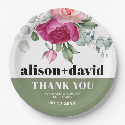 ピンクのバラとユーカリの枝の結婚フローラ ペーパープレート (正面)