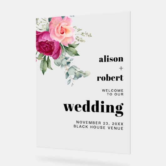 ピンクのバラとユーカリの枝結婚の歓迎 アクリルサイン (傾斜)