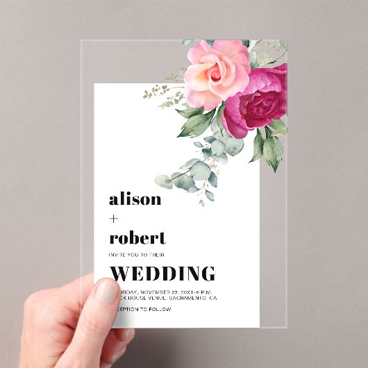 ピンクのバラとユーカリの白結婚枠 アクリル招待状 (インサイチュ (ポータブル))