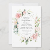 ピンクのバラとユーカリの金ゴールド幾何学模様 招待状 (正面)