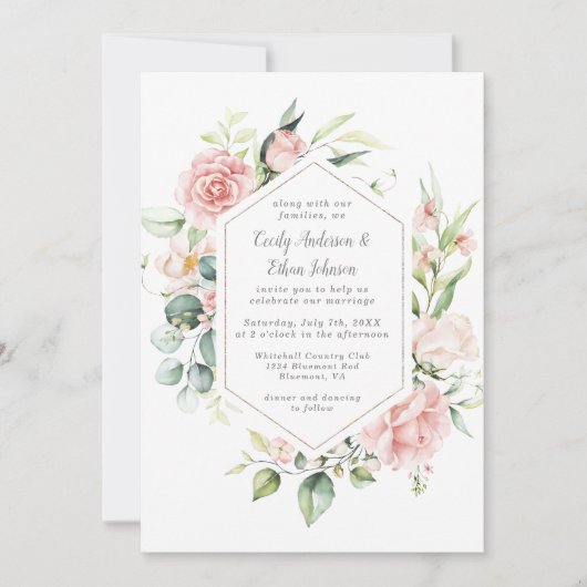 ピンクのバラとユーカリの金ゴールド幾何学模様 招待状 (正面)