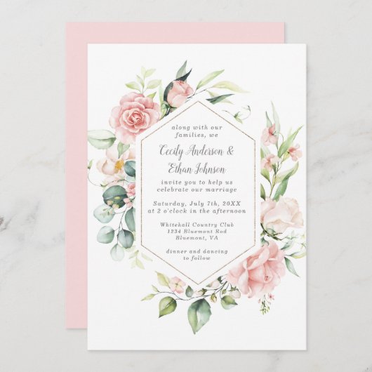 ピンクのバラとユーカリの金ゴールド幾何学模様 招待状 (正面/裏面)