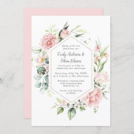 ピンクのバラとユーカリの金ゴールド幾何学模様 招待状