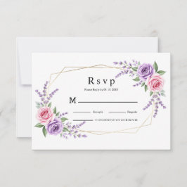 ピンクのバラとラベンダーの幾何学的な結婚式RSVPカード 出欠カード