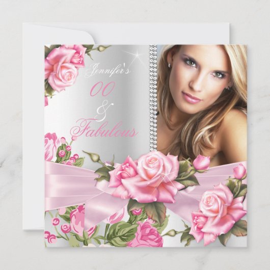 ピンクのバラとリボンの写真が素敵なシルバーの誕生日 招待状 (正面)