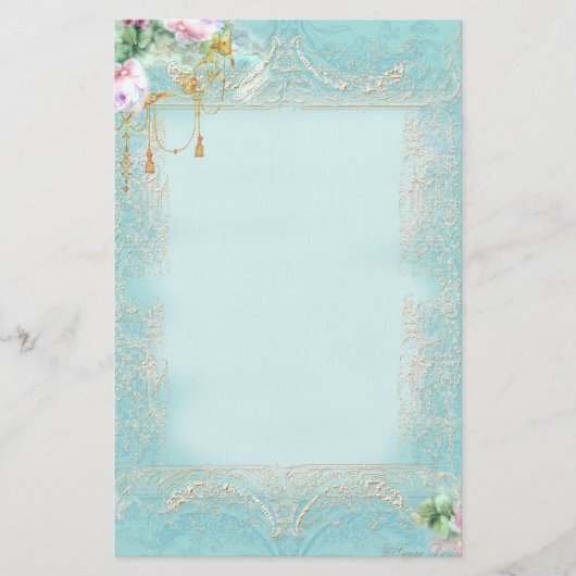 ピンクのバラとレース文房具 便箋 (正面)