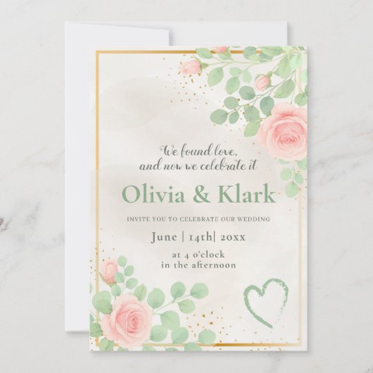 ピンクのバラとロマンチックな水の色のフローラ結婚。 招待状 (正面)