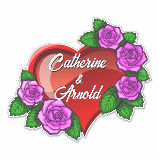 ピンクのバラとロマンチックな赤いハート シール (正面)