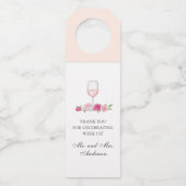 ピンクのバラとワイン。フローラ結婚の感謝していお前 ボトルネックタグ (正面)