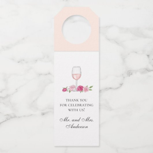 ピンクのバラとワイン。フローラ結婚の感謝していお前 ボトルネックタグ (正面)