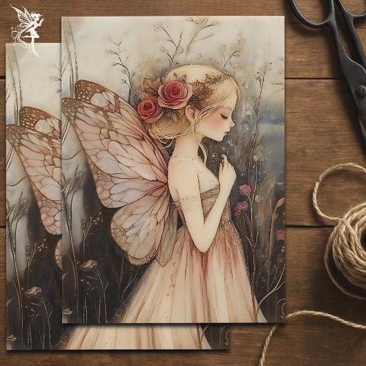 ピンクのバラとヴィンテージのクリスマスフェアリー 薄葉紙