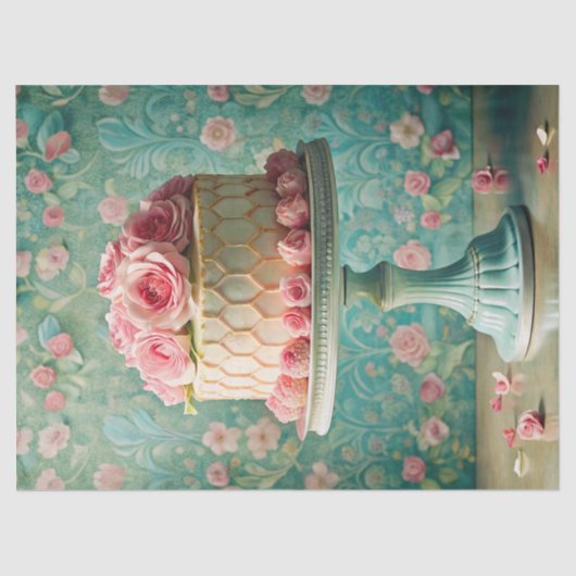 ピンクのバラとヴィンテージの粗末なシックなピンクのケーキ 薄葉紙 (正面)