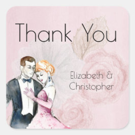 ピンクのバラとヴィンテージの結婚式カップルありがとう スクエアシール