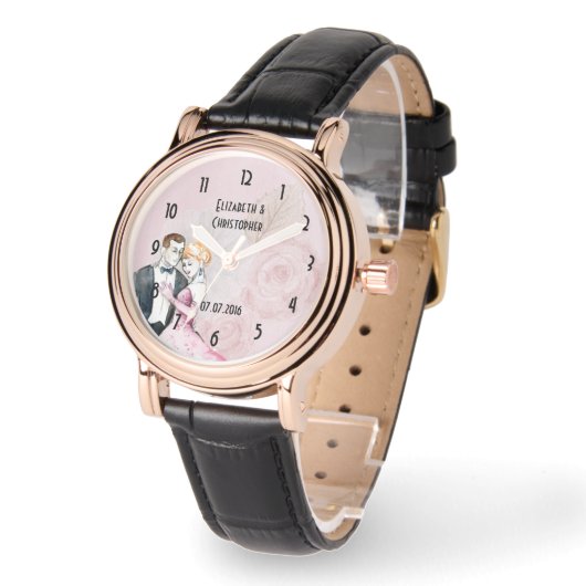 ピンクのバラとヴィンテージの結婚式パーソナライズされたカップル 腕時計 (傾斜)