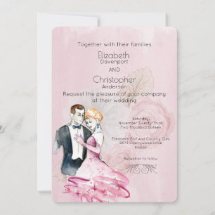 ピンクのバラとヴィンテージの結婚式結婚カップル 招待状