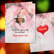 ピンクのバラと写真ハートのバレンタインカード