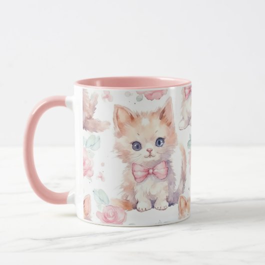 ピンクのバラと可愛いふわふわ子猫 マグカップ (左)