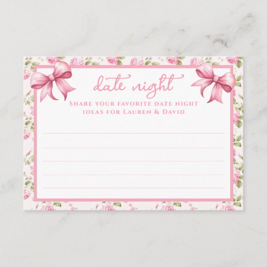 ピンクのバラと弓コケット日付ナイトカード エンクロージャーカード (正面)