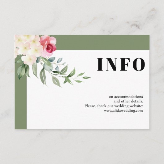 ピンクのバラと枝のセージ緑結婚の詳細 エンクロージャーカード (正面)