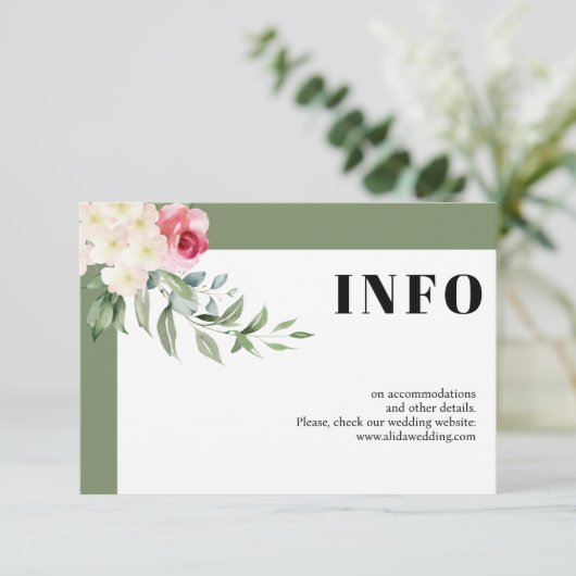 ピンクのバラと枝のセージ緑結婚の詳細 エンクロージャーカード (スタンド正面)