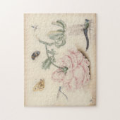 ピンクのバラと淡い色の昆虫を持つヴィンテージ ジグソーパズル (縦)