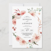 ピンクのバラと牡丹のボヘミアンスタイルのウェディング 招待状 (正面)