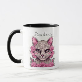 ピンクのバラと猫のコーヒーマグ マグカップ