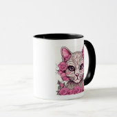 ピンクのバラと猫のコーヒーマグ マグカップ (正面右)
