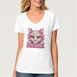 ピンクのバラと猫のレディースTシャツ Tシャツ