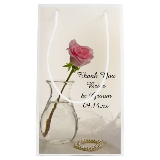 ピンクのバラと白の真珠結婚の感謝 スモールペーパーバッグ (正面)