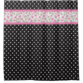 ピンクのバラと白黒水玉模様 シャワーカーテン (正面)