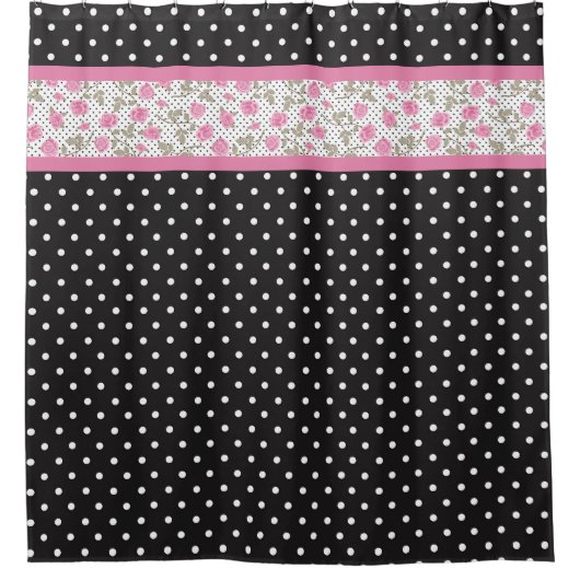 ピンクのバラと白黒水玉模様 シャワーカーテン (正面)