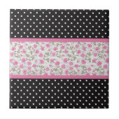 ピンクのバラと白黒水玉模様 タイル (正面)