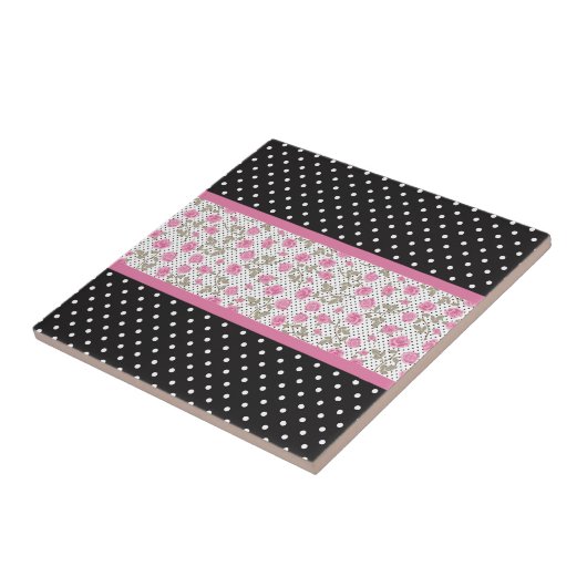 ピンクのバラと白黒水玉模様 タイル (側面)