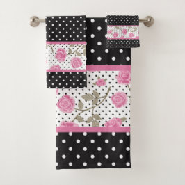 ピンクのバラと白黒水玉模様 バスタオルセット